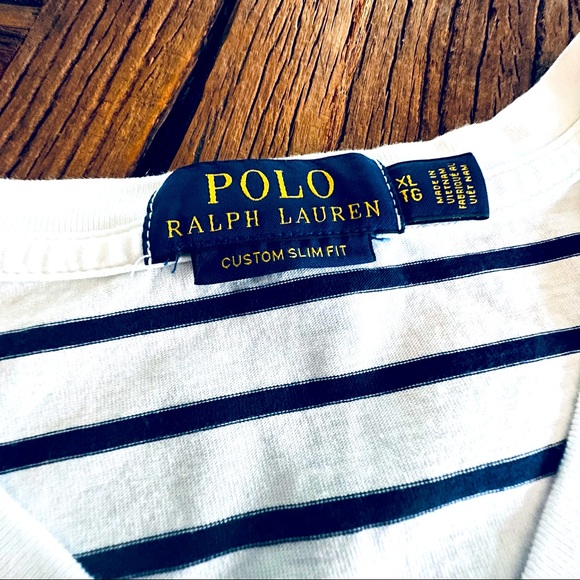 🍁 SALE POLO RALPH LAUREN Iconic Navy & White Striped V-Neck T-Shirt - Picture 2 of 3